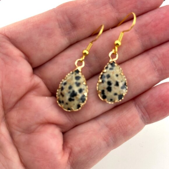 Dalmatian Jasper Teardrop Earrings Faceted Gemstone Gold Plated Ear Wires - Picture 8 of 9